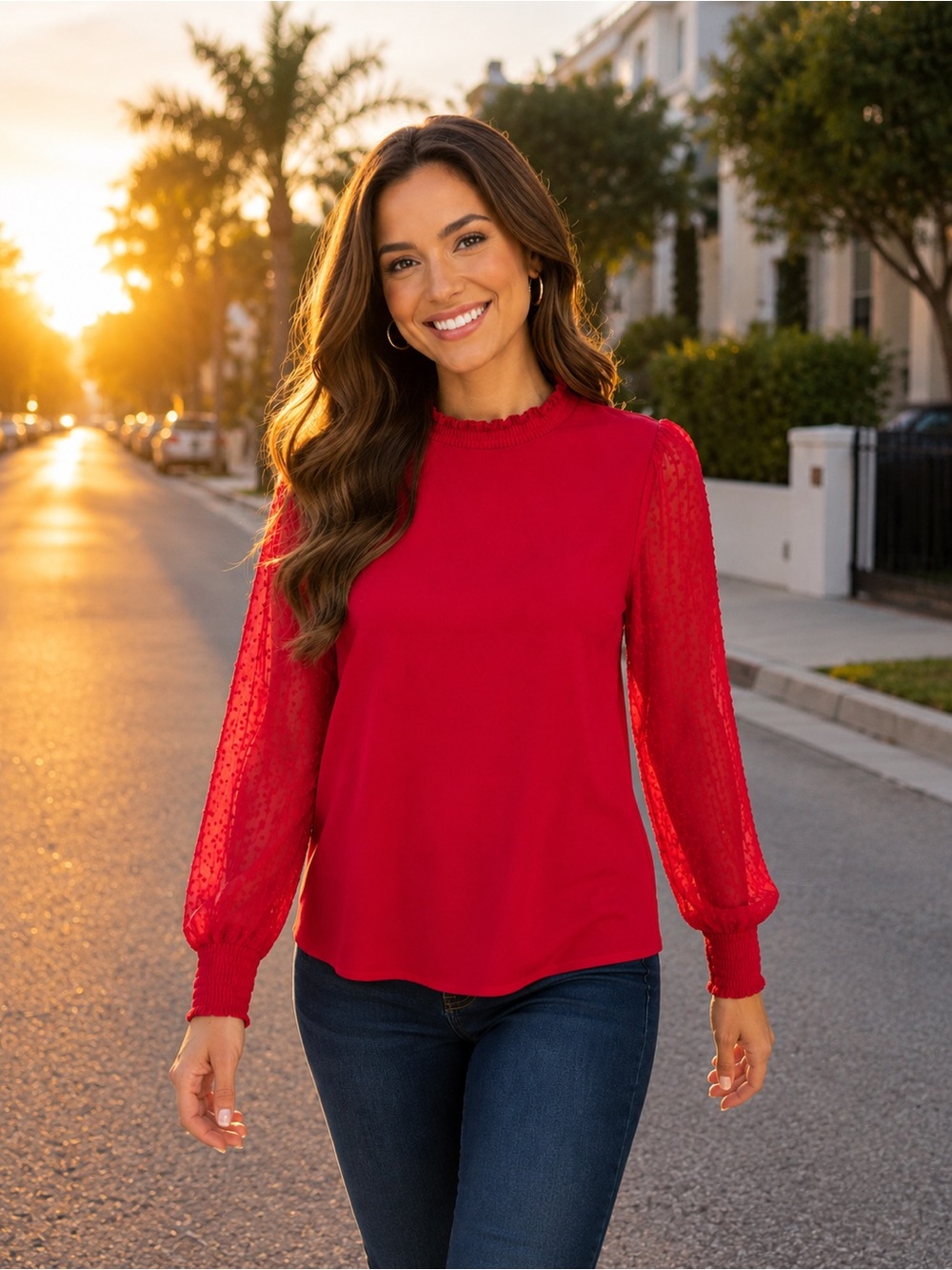 Adrianna Papell Red Swiss Dot Sheer Sleeve Blouse Size Medium